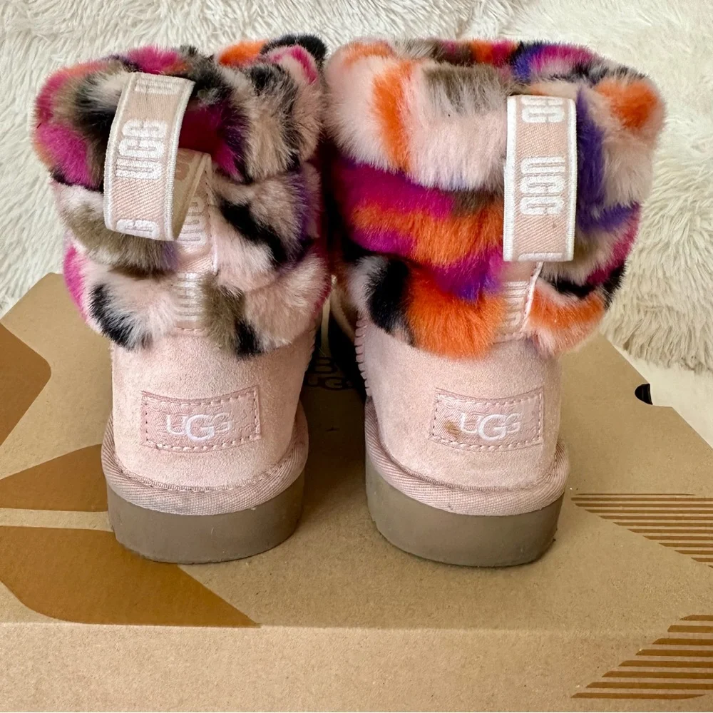 UGG Fluff Mini Quilted Motlee Pink Suede Multicolor Fur Cuff Ankle Boots Size 7